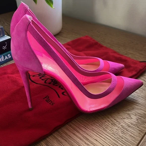 Authentic Christian Louboutin Pink Galativi 100 Neon Suede And Mesh Pumps - Picture 7 of 9